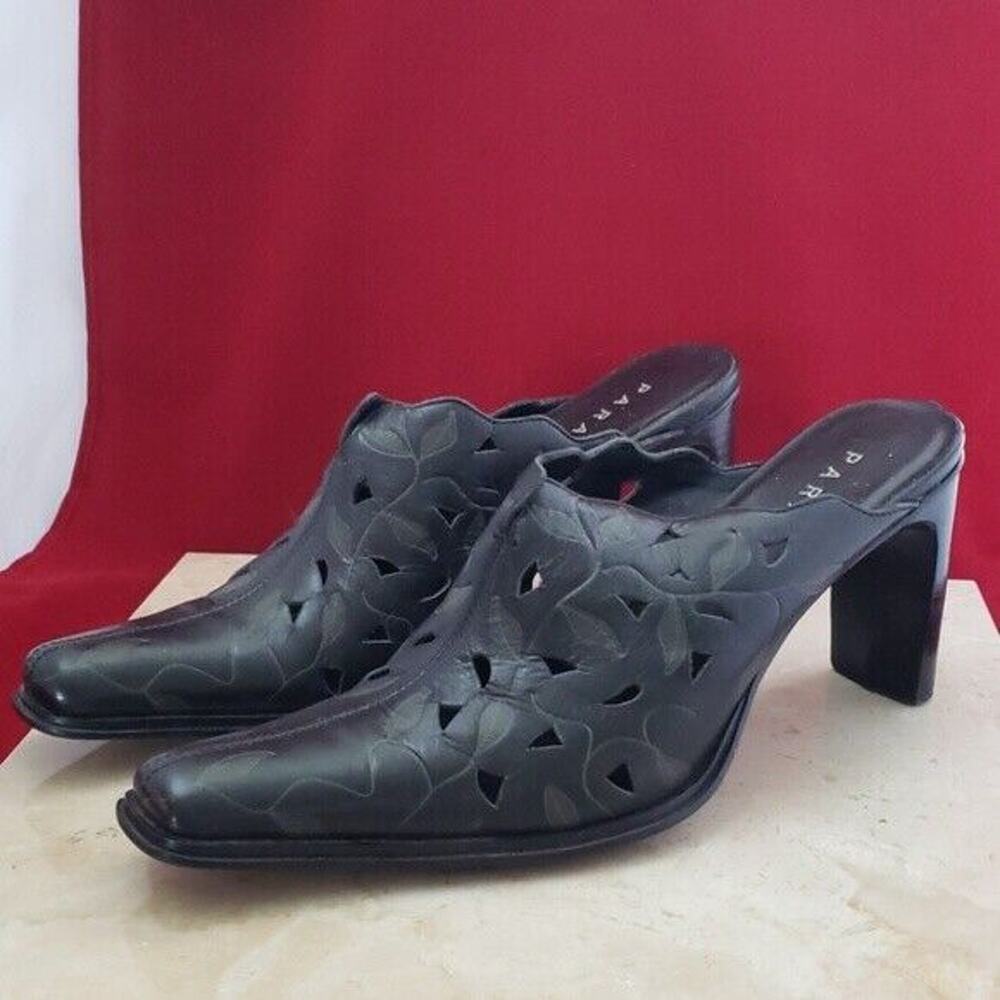 Parade Backless Heels Leather Upper Black Leaf Pattern Heels Size 8